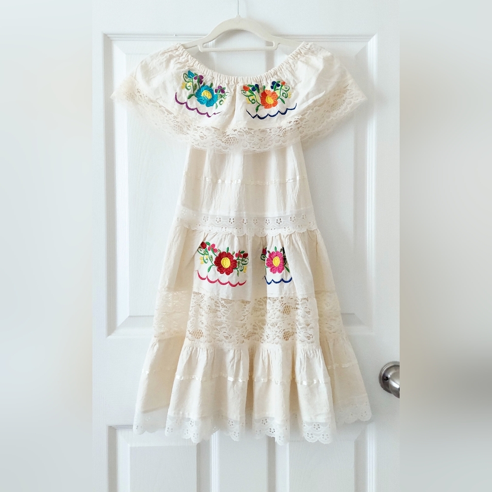 Floral Embroidered Cream Kids Casual Dress